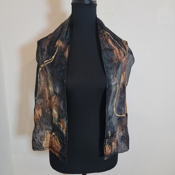 Dan Dee Silk Scarf Hand Painted 9x52 Abstract Swirl Gray Brown Blue Gold - Picture 7 of 11